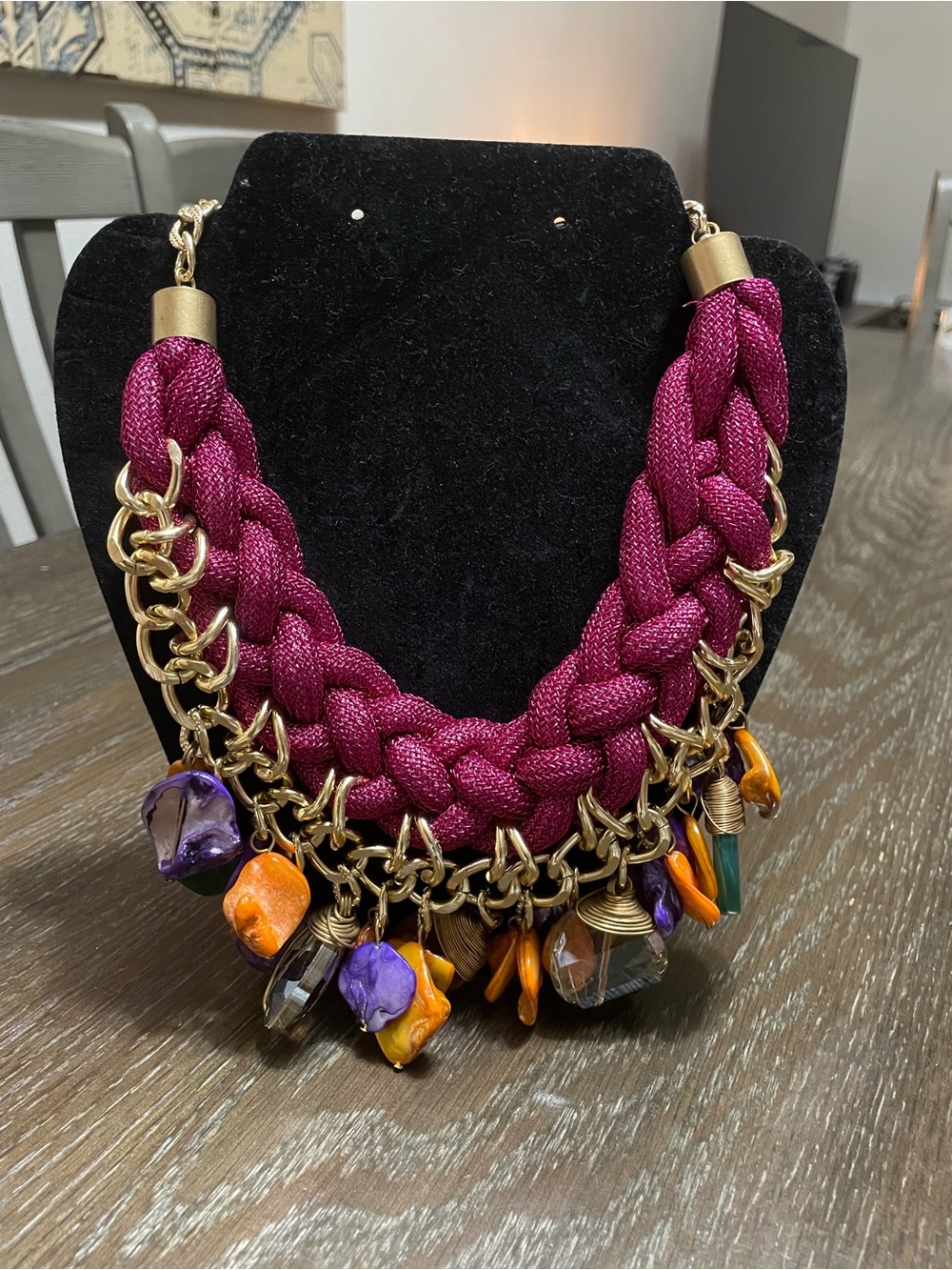 Braided chunky gold necklace with beautiful stones